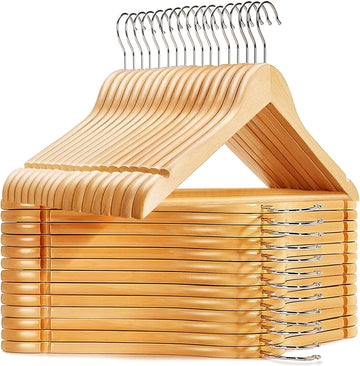 Wooden Clothes Hangers – Non-Slip Bar, Precision-Cut Notches, 360° Swivel Hook for Wardrobe & Cupboard Organization