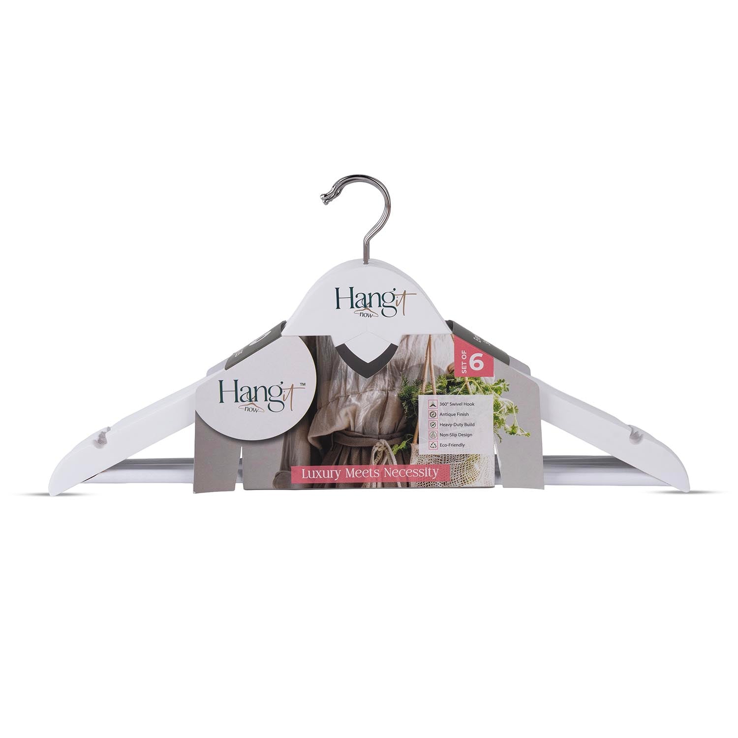 Wooden Hangers for Wardrobe & Cupboard – Non-Slip Bar, Precision Notches, 360° Swivel Chrome Hook for Clothes & Accessories